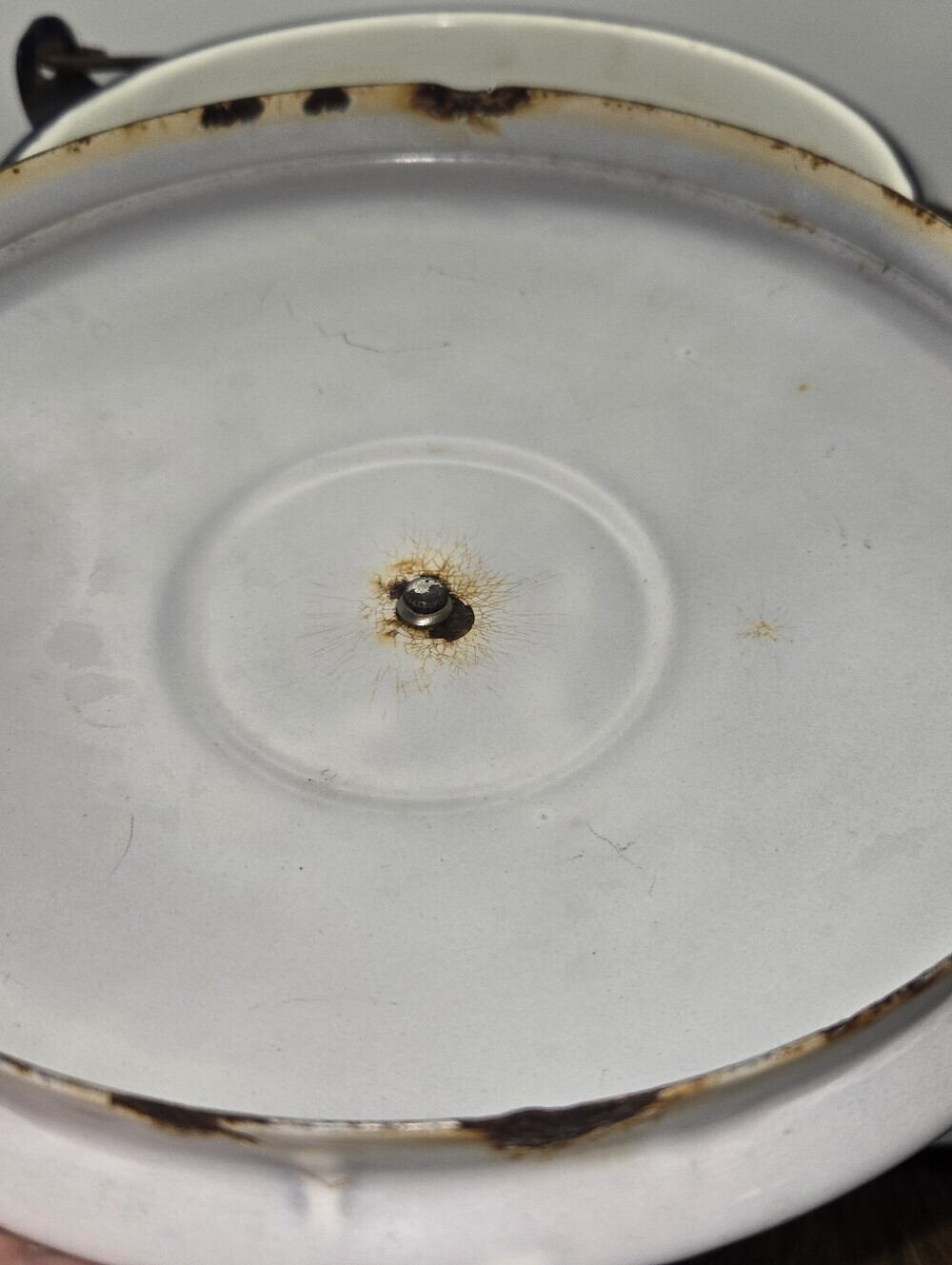 Vintage Blue & White Enamel Stock Pot Bottom Has Cracking Water Line Metal - Picture 7 of 9